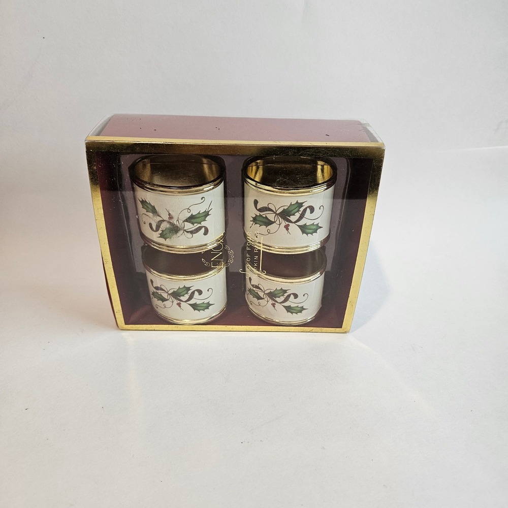 Lenox Holiday Napkin Rings Set of 4 Holly Berries Gold Trim Bardwil Linens 7312
